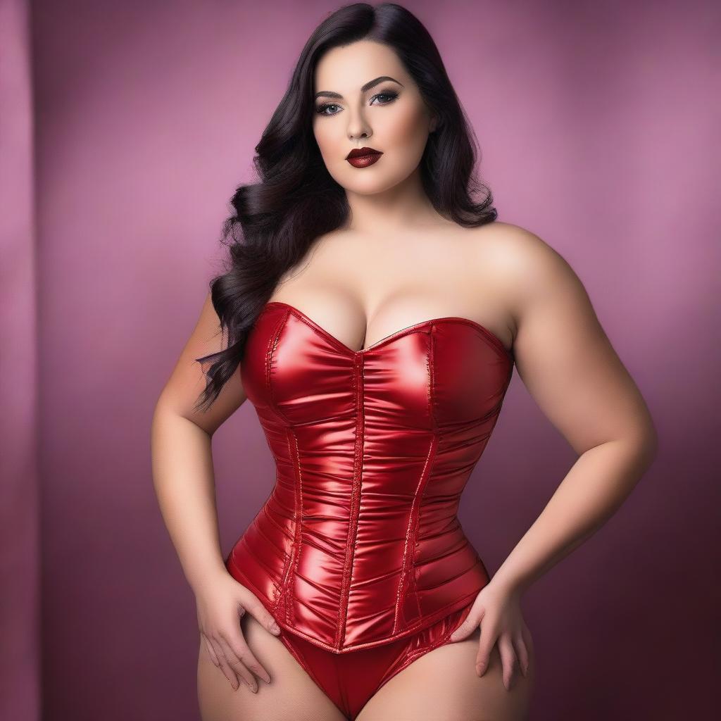 A beautiful woman wearing a tight red shiny puffer corset, posing seductively