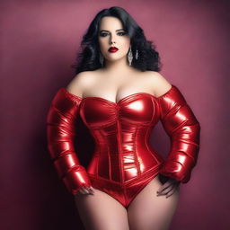 A beautiful woman wearing a tight red shiny puffer corset, posing seductively