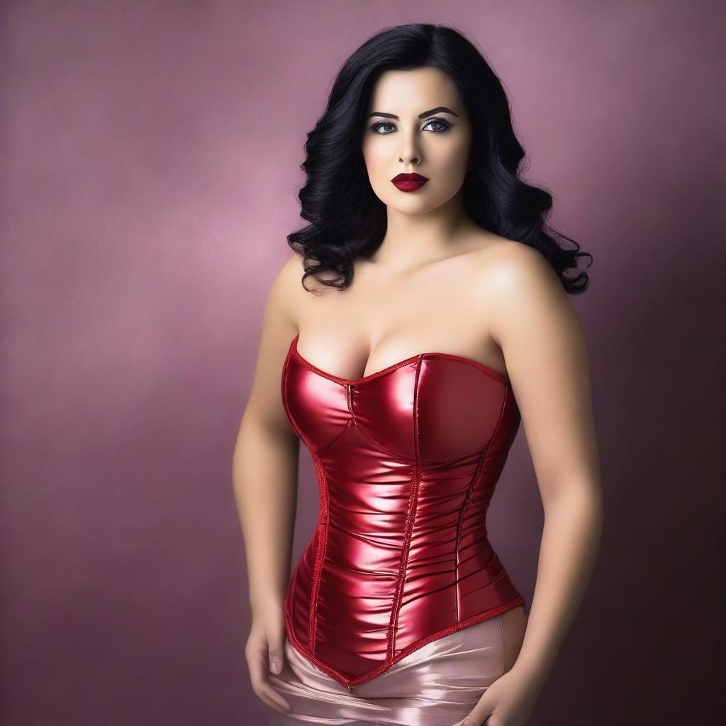 A beautiful woman wearing a tight red shiny puffer corset, posing seductively