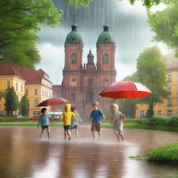 Create an image of kids playing under the rain in remarkable places in Germany