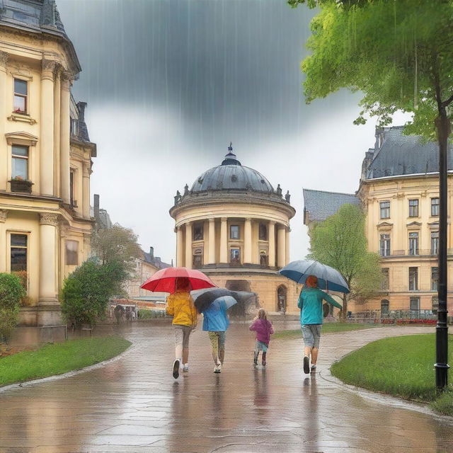 Create an image of kids playing under the rain in remarkable places in Germany