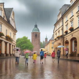 Create an image of kids playing under the rain in remarkable places in Germany