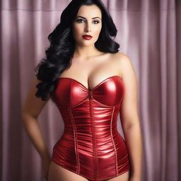 A beautiful woman wearing a tight red shiny puffer corset, posing seductively