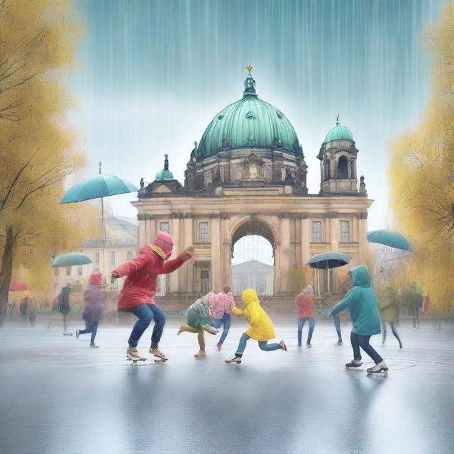 Create an image of adults skating under the rain in remarkable places in Germany, specifically in Berlin