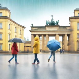 Create an image of adults skating under the rain in remarkable places in Germany, specifically in Berlin