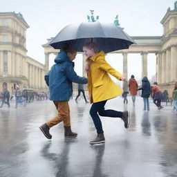 Create an image of adults skating under the rain in remarkable places in Germany, specifically in Berlin