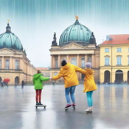 Create an image of adults skating under the rain in remarkable places in Germany, specifically in Berlin