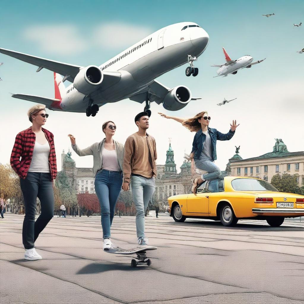 Create an image of adults playing with a skateboard near an airplane in Berlin