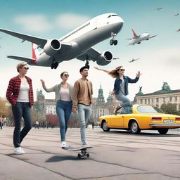 Create an image of adults playing with a skateboard near an airplane in Berlin