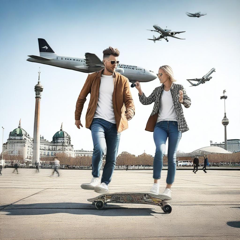 Create an image of adults playing with a skateboard near an airplane in Berlin