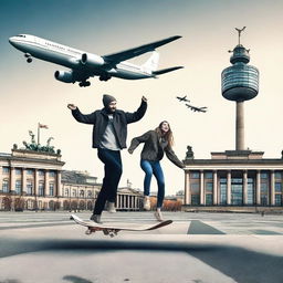 Create an image of adults playing with a skateboard near an airplane in Berlin