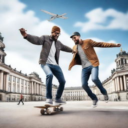 Create an image of adults playing with a skateboard near an airplane in Berlin