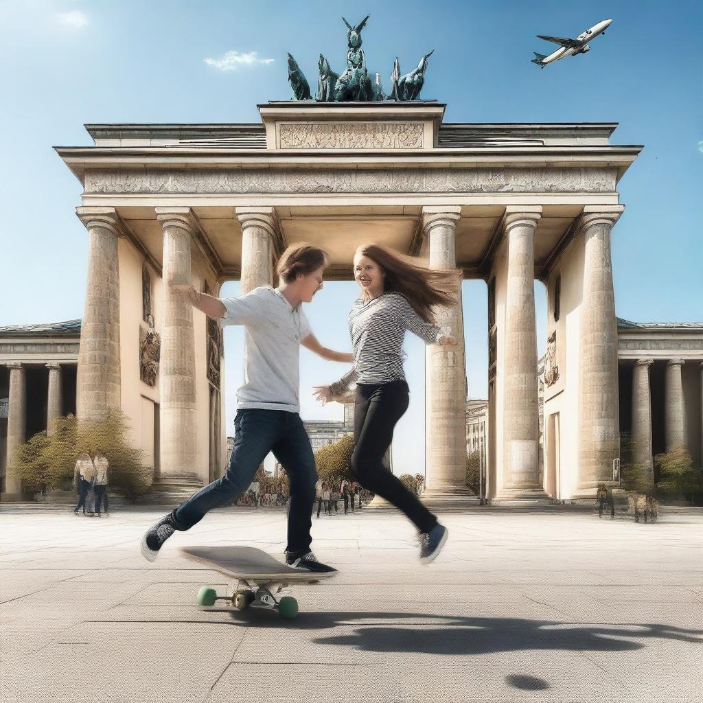 Create an image of teenagers playing with a skateboard near an airplane in Berlin, specifically at the Brandenburg Gate