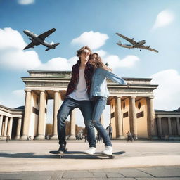 Create an image of teenagers playing with a skateboard near an airplane in Berlin, specifically at the Brandenburg Gate