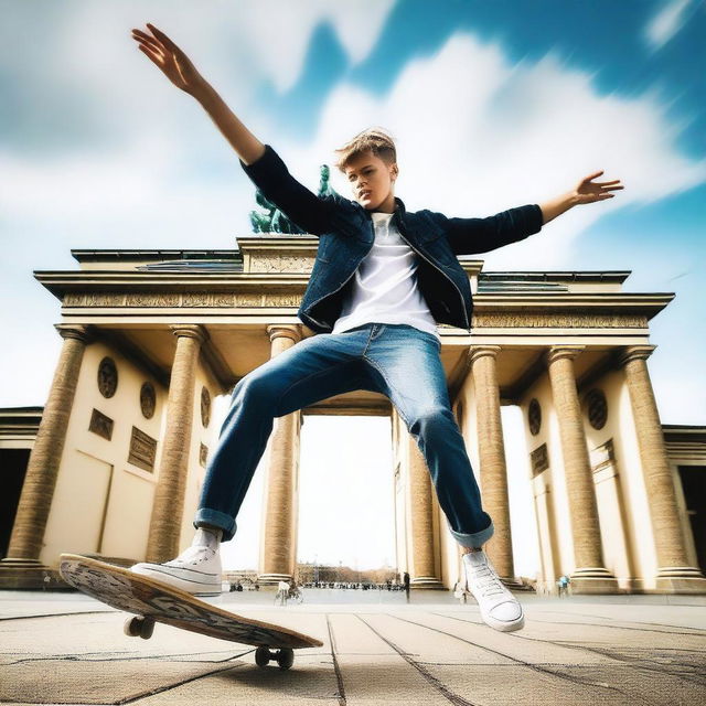 Create an image of teenagers playing with a skateboard near an airplane in Berlin, specifically at the Brandenburg Gate