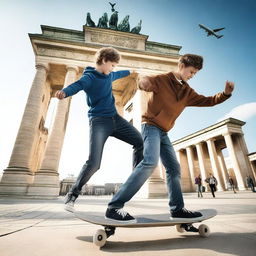 Create an image of teenagers playing with a skateboard near an airplane in Berlin, specifically at the Brandenburg Gate