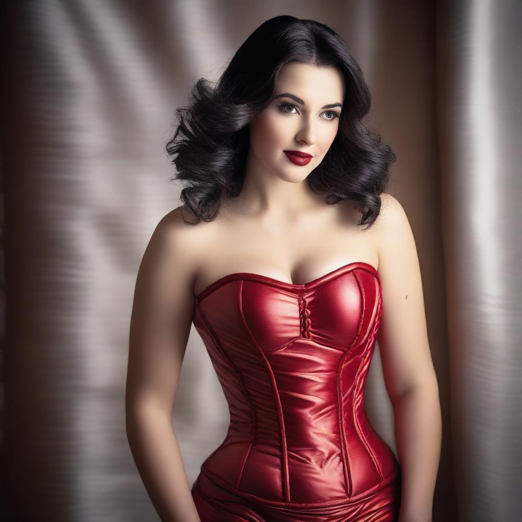 A beautiful woman wearing a tight red shiny puffer corset, posing seductively