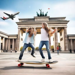 Create an image of teenagers playing with a skateboard near an airplane in Berlin, specifically at the Brandenburg Gate