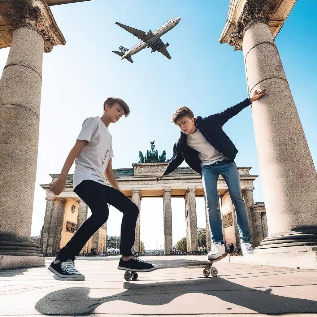 Create an image of teenagers playing with a skateboard near an airplane in Berlin, specifically at the Brandenburg Gate