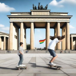 Create an image of teenagers playing with a skateboard near an airplane in Berlin, specifically at the Brandenburg Gate