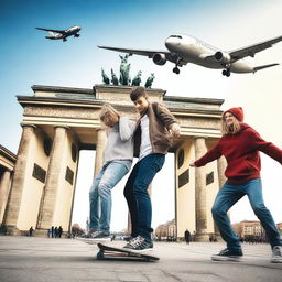 Create an image of teenagers playing with a skateboard near an airplane in Berlin, specifically at the Brandenburg Gate