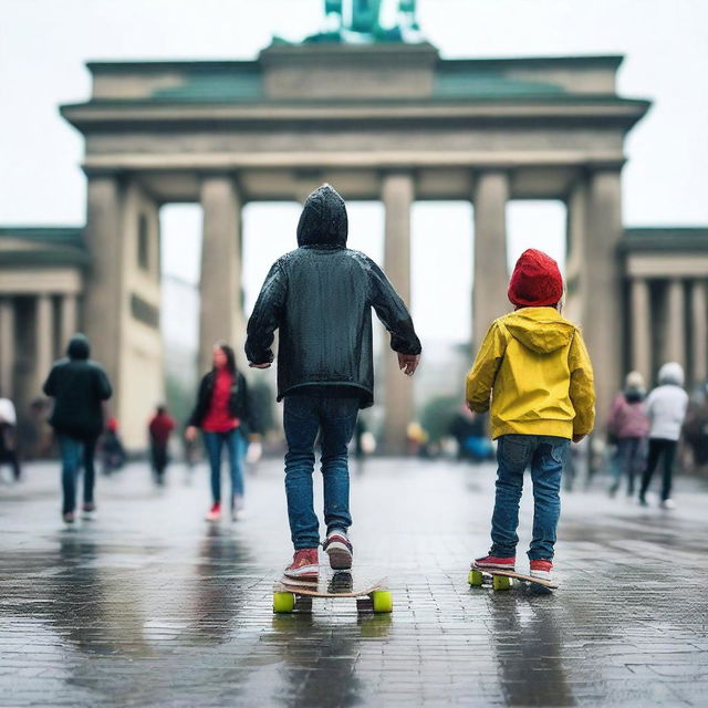 Create an image of teenagers and kids playing with a skateboard under the rain in Berlin, near the Brandenburg Gate