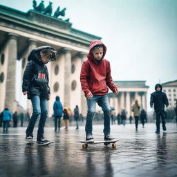 Create an image of teenagers and kids playing with a skateboard under the rain in Berlin, near the Brandenburg Gate