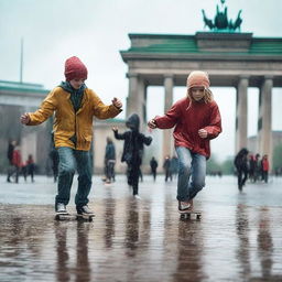 Create an image of teenagers and kids playing with a skateboard under the rain in Berlin, near the Brandenburg Gate