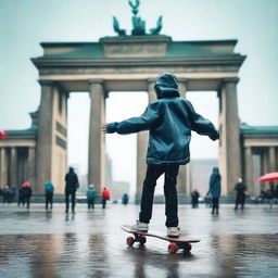 Create an image of teenagers and kids playing with a skateboard under the rain in Berlin, near the Brandenburg Gate