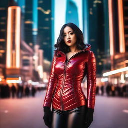 A beautiful woman wearing a tight red shiny puffer corset, posing seductively in a bustling city setting