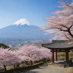 An idyllic Japanese landscape with cherry blossom trees under the shadow of a majestic Mount Fuji, with a traditional Shinto shrine nearby.