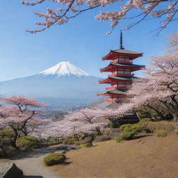 An idyllic Japanese landscape with cherry blossom trees under the shadow of a majestic Mount Fuji, with a traditional Shinto shrine nearby.