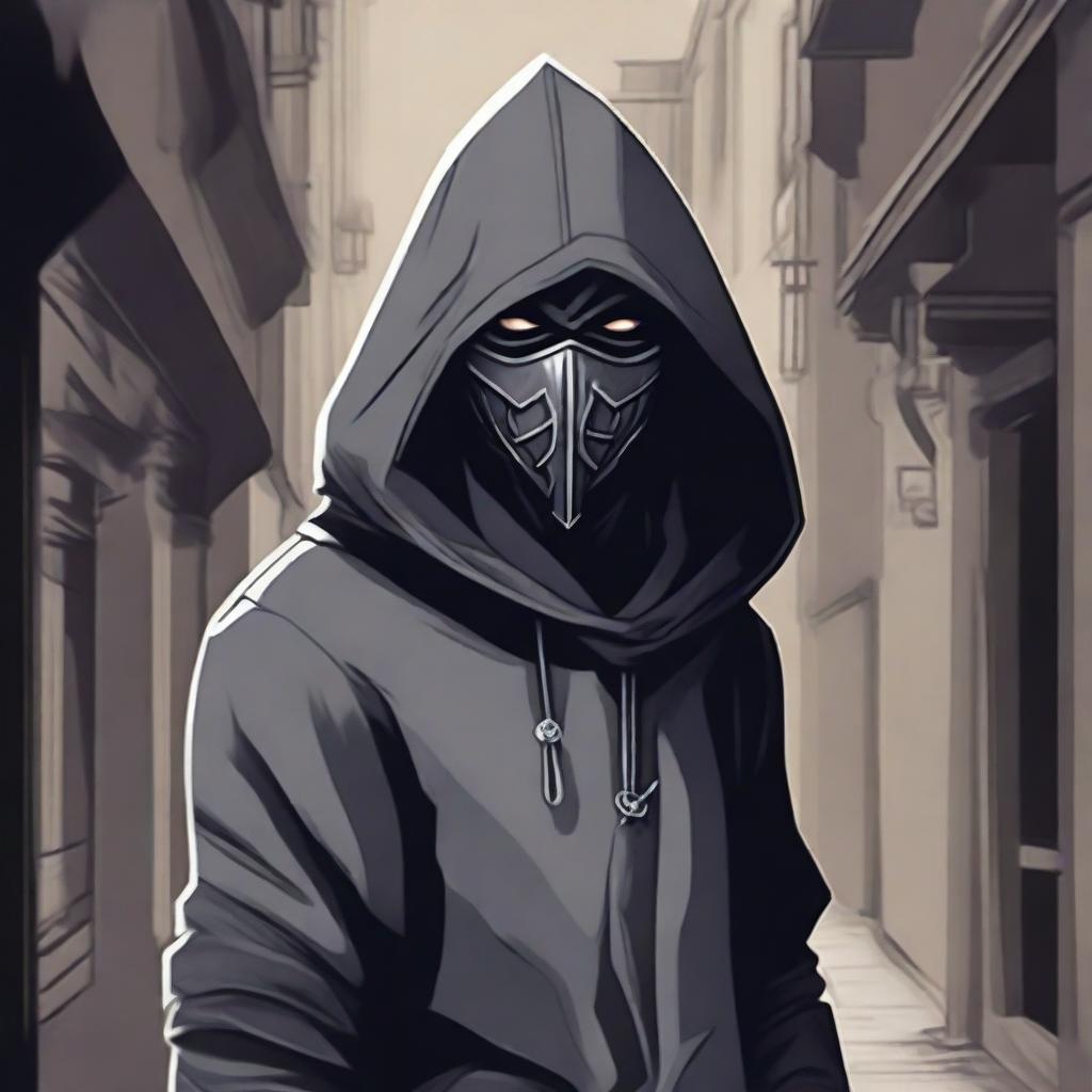 A hooded bandit wearing a gray bandit's mask, illustrated in a detailed Dungeons and Dragons style