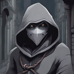 A hooded bandit wearing a gray bandit's mask, illustrated in a detailed Dungeons and Dragons style