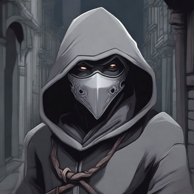 A hooded bandit wearing a gray bandit's mask, illustrated in a detailed Dungeons and Dragons style