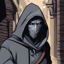 A hooded bandit wearing a gray bandit's mask, illustrated in a detailed Dungeons and Dragons style