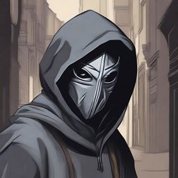 A hooded bandit wearing a gray bandit's mask, illustrated in a detailed Dungeons and Dragons style