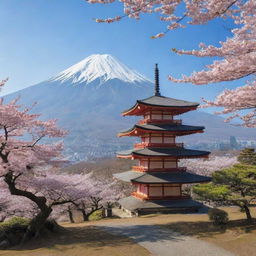 An idyllic Japanese landscape with cherry blossom trees under the shadow of a majestic Mount Fuji, with a traditional Shinto shrine nearby.