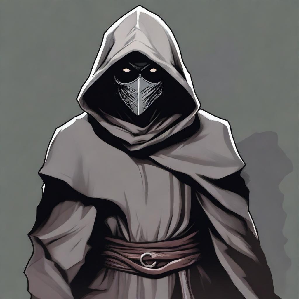 A detailed illustration of a hooded bandit wearing a simple gray cloth mask, depicted in a dungeons and dragons style