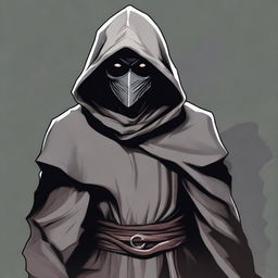 A detailed illustration of a hooded bandit wearing a simple gray cloth mask, depicted in a dungeons and dragons style