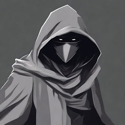 A detailed illustration of a hooded bandit wearing a simple gray cloth mask, depicted in a dungeons and dragons style