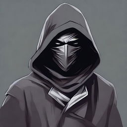 A detailed illustration of a hooded bandit wearing a simple gray cloth mask, depicted in a dungeons and dragons style