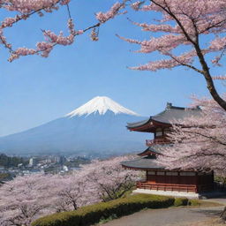 An idyllic Japanese landscape with cherry blossom trees under the shadow of a majestic Mount Fuji, with a traditional Shinto shrine nearby.