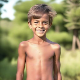 A shirtless, cute, skinny boy standing in a natural setting