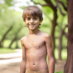 A shirtless, cute, skinny boy standing in a natural setting