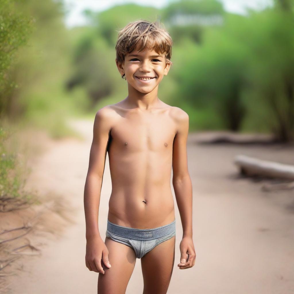 A shirtless, cute, skinny boy standing in a natural setting