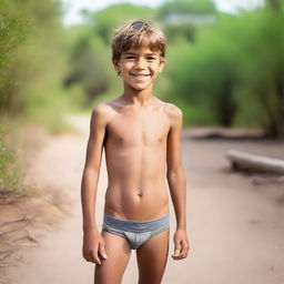 A shirtless, cute, skinny boy standing in a natural setting