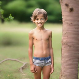 A shirtless, cute, skinny boy standing in a natural setting