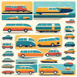 A detailed and vibrant illustration of various modes of transport, including cars, bicycles, buses, trains, airplanes, and boats