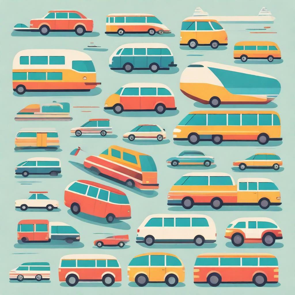 A detailed and vibrant illustration of various modes of transport, including cars, bicycles, buses, trains, airplanes, and boats